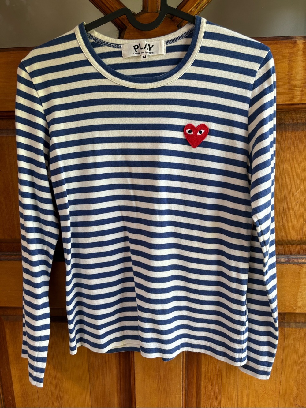 Comme des Garcons PLAY Womens Blue & White Striped Heart Patch Long Sleeve Tee